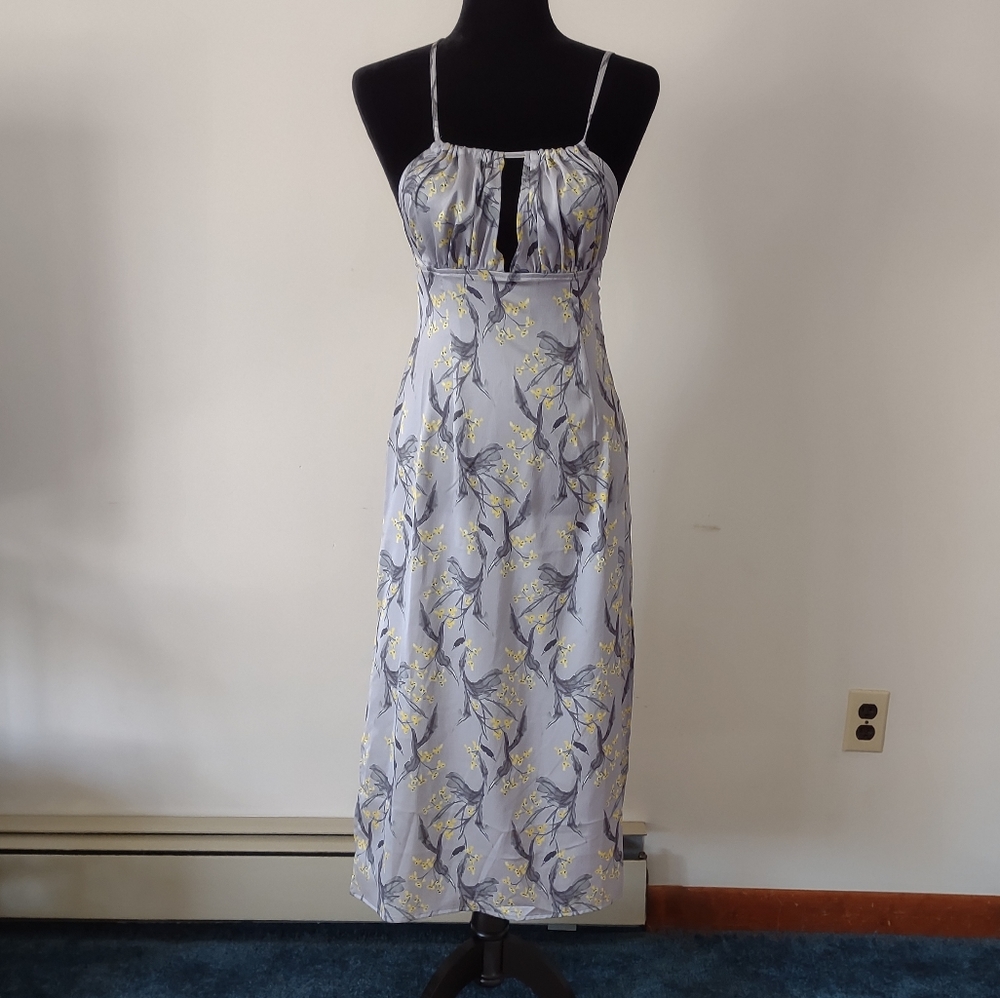 NEW Cupshe Women's Silver Grey Yellow Floral Keyhole Satin Maxi Dress Size XS